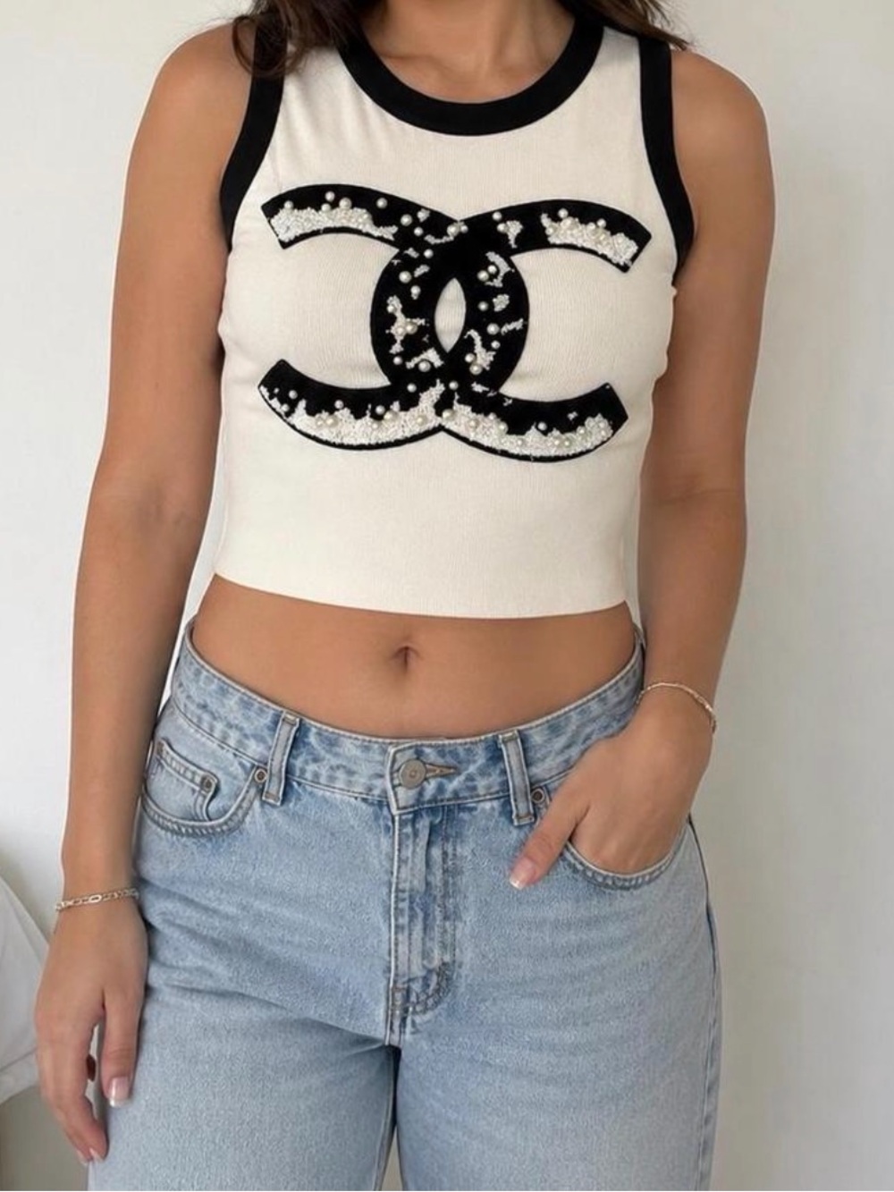 Pearl-Accent Black & White Cropped Tank